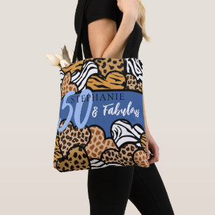 50 and Fabulous Stylish Blue Animal Print Hearts Tote Bag