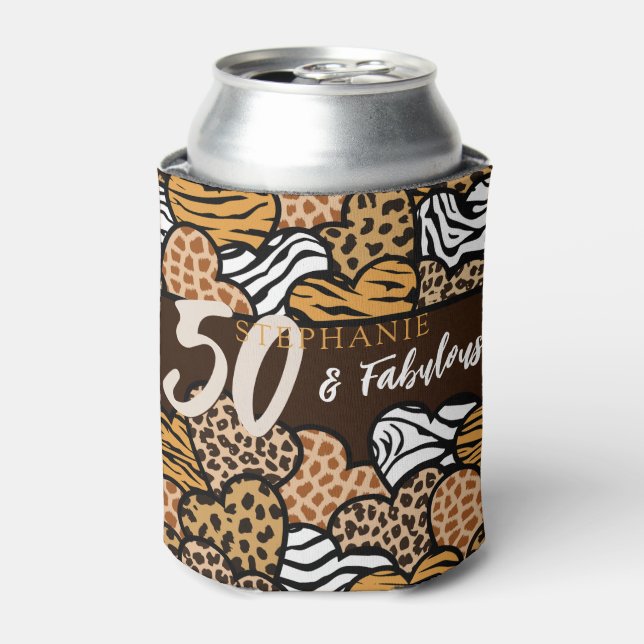 50 and Fabulous Stylish Brown Animal Print Hearts  Can Cooler (Can Front)