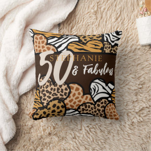 50 and Fabulous Stylish Brown Animal Print Hearts Cushion