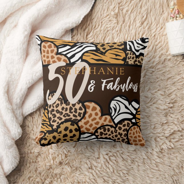 50 and Fabulous Stylish Brown Animal Print Hearts  Cushion (Blanket)