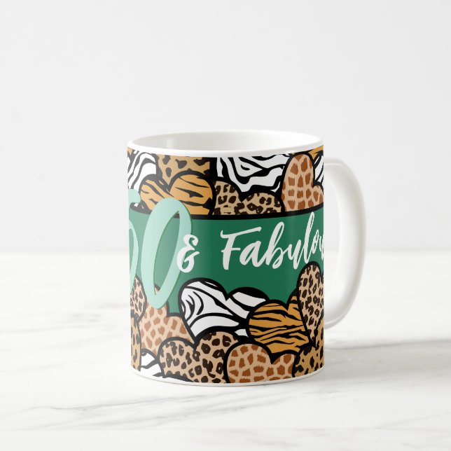 50 and Fabulous Stylish Emerald Animal Print Heart Coffee Mug (Front Right)