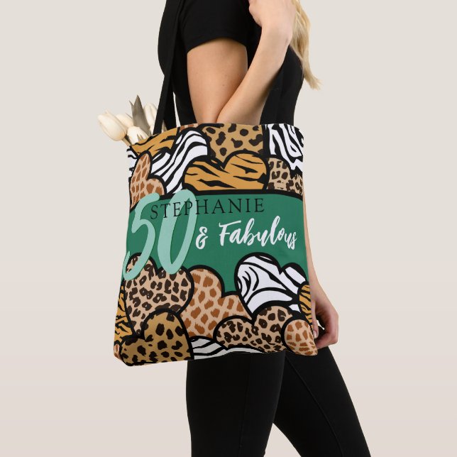 50 and Fabulous Stylish Emerald Animal Print Heart Tote Bag (Close Up)