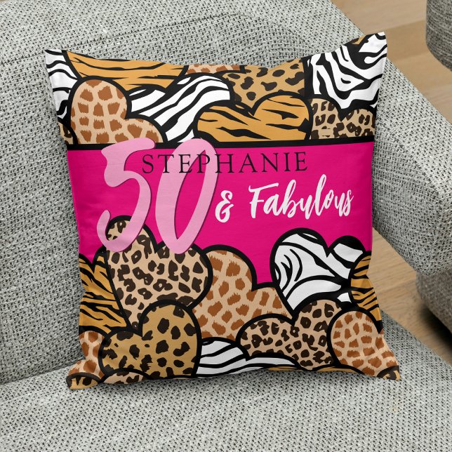 50 and Fabulous Stylish Pink Animal Print Hearts  Cushion (Creator Uploaded)