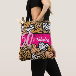 50 and Fabulous Stylish Pink Animal Print Hearts Tote Bag
