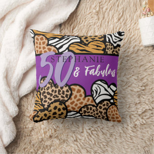 50 and Fabulous Stylish Purple Animal Print Heart Cushion
