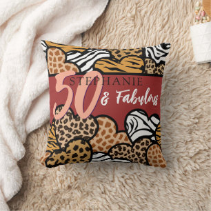 50 and Fabulous Stylish Red Animal Print Hearts Cushion