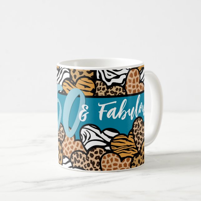 50 and Fabulous Stylish Teal Animal Print Hearts  Coffee Mug (Front Right)