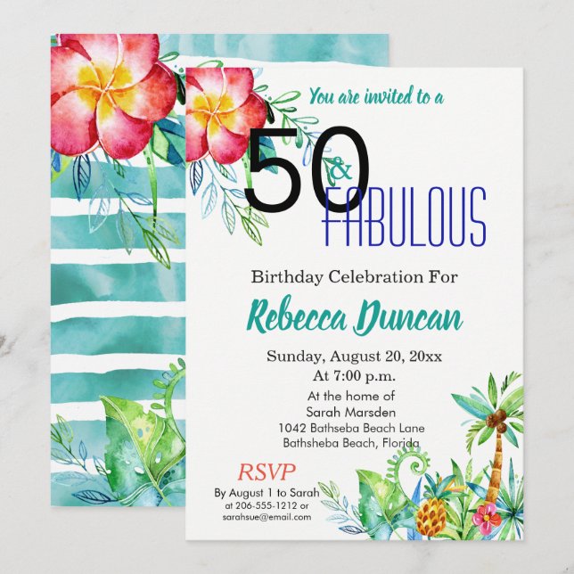 50 and Fabulous Tropical Floral Birthday Party Invitation (Front/Back)