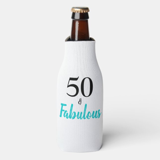 50 and Fabulous Turquoise Birthday Party Bottle Cooler (Bottle Front)