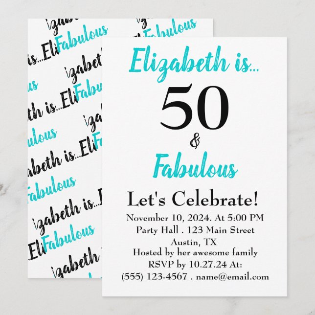 50 and Fabulous Turquoise Black Script Invitation (Front/Back)