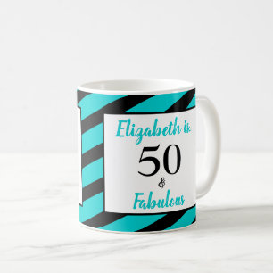 50 and Fabulous Turquoise Black Stripe Coffee Mug
