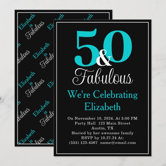 50 and Fabulous Turquoise Blue on Black Invitation (Front/Back)
