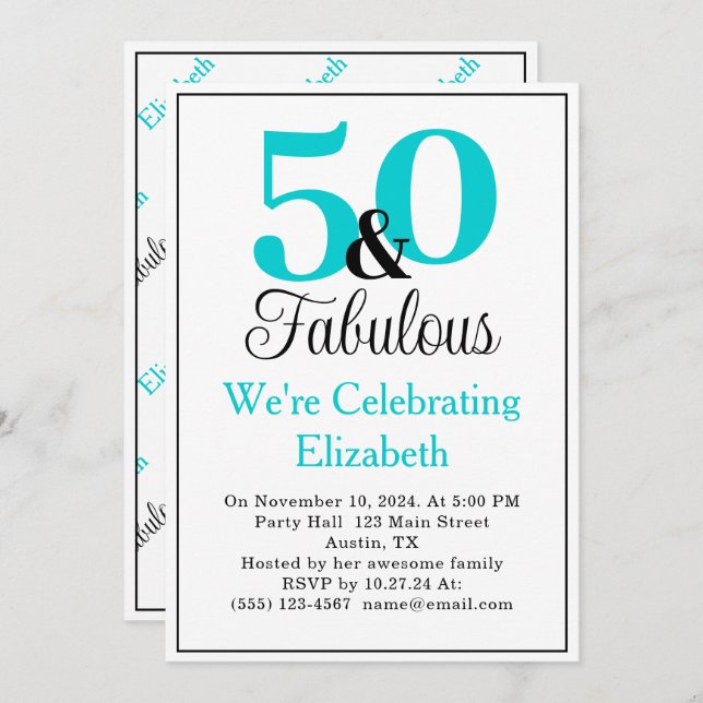 50 and Fabulous Turquoise Blue on White Invitation (Front/Back)