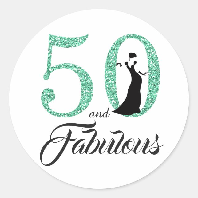 50 and Fabulous Turquoise Glitter Classic Round Sticker (Front)