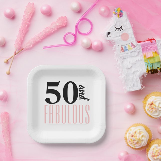 50 and Fabulous Typography 50th Pink Birthday Paper Plate (Party)
