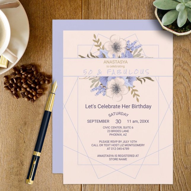50 and Fabulous Violet Peach Rose Birthday Party Invitation (Easy to personalize floral pastel rose party invitation for the event planner. See the collection.)