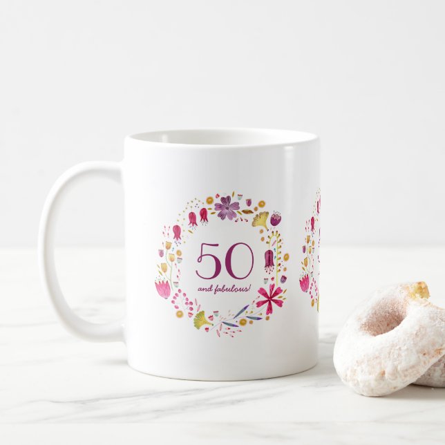 50 and Fabulous Watercolor Floral Birthday Coffee Mug (With Donut)