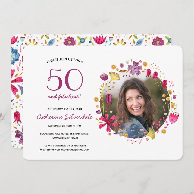 50 and Fabulous Watercolor Floral Birthday Party Invitation (Front/Back)