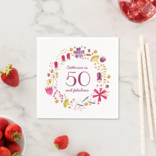 50 and Fabulous Watercolor Floral Name Birthday Napkin