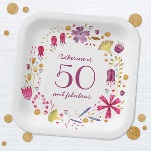 50 and Fabulous Watercolor Floral Name Birthday Paper Plate