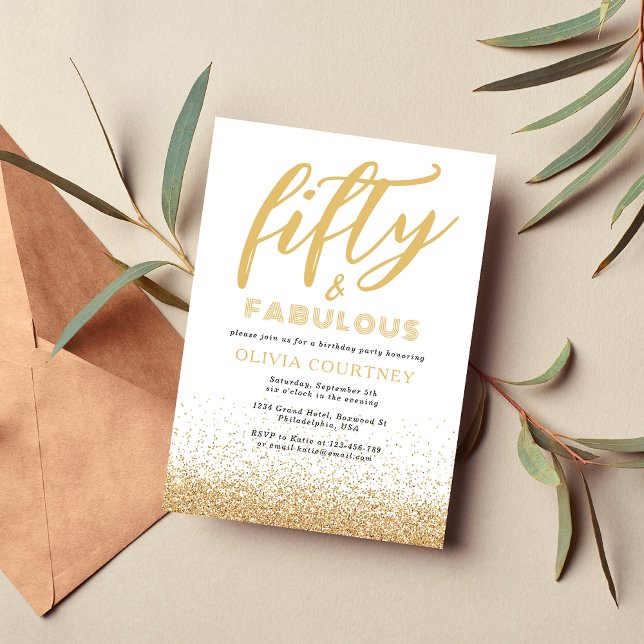 50 and Fabulous White and Gold Glitter Birthday Invitation (Creator Uploaded)