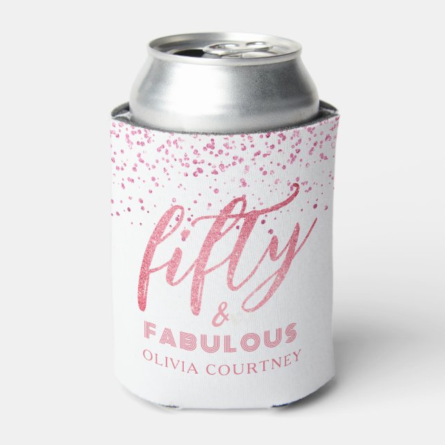 50 and Fabulous White and Pink Glitter Birthday Can Cooler (Can Front)