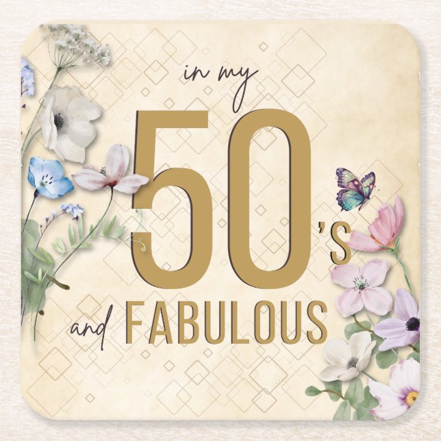 50 and Fabulous Wildflower Square Paper Coaster (Front)