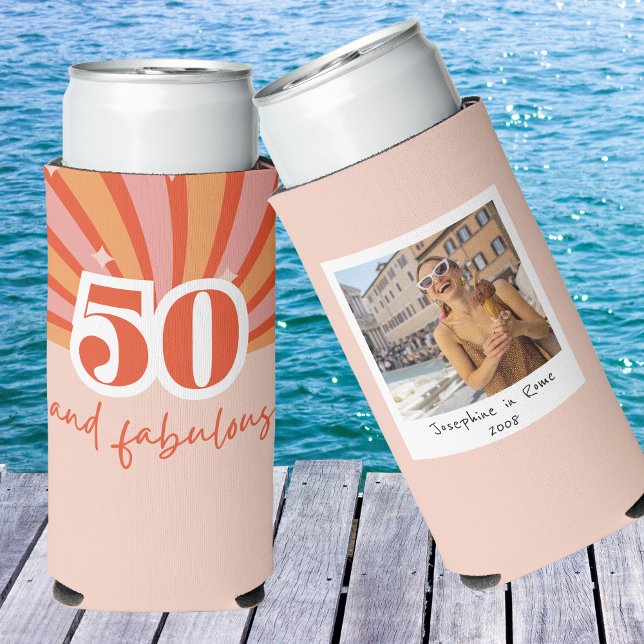 50 and fabulous WITH PHOTO, retro birthday Seltzer Can Cooler (Can cooler with the words: 50 and fabulous. Retro vintage stripe design custom with photo)