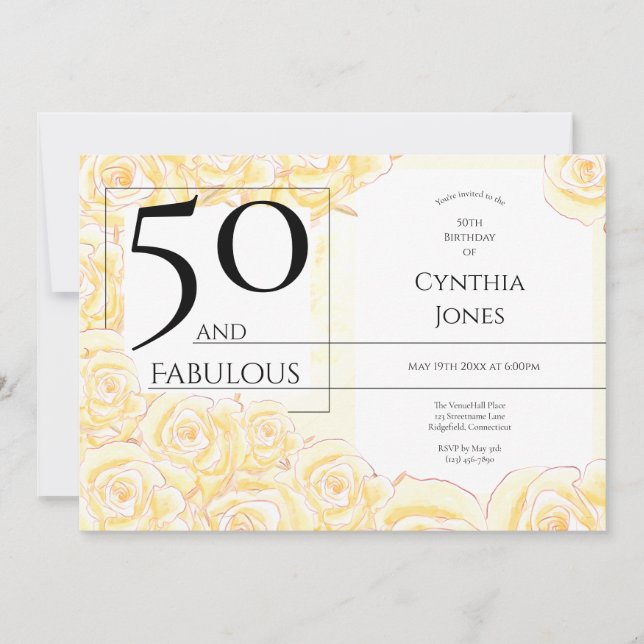 50 and Fabulous Yellow Rose Black Horizontal Invitation (Front)