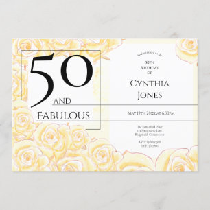 50 and Fabulous Yellow Rose Black Horizontal Invitation