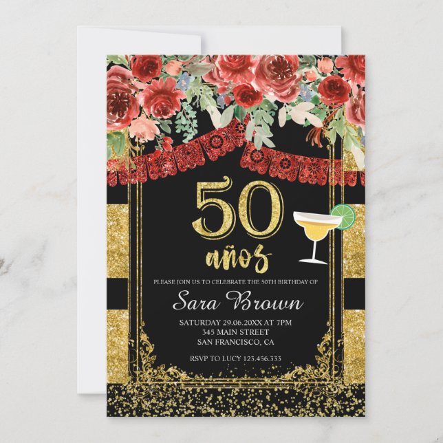 50 años Red Roses Mexican Birthday  Invitation (Front)