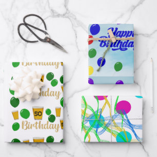 50 beer, happy birthday, circles squiggles wrapping paper sheet