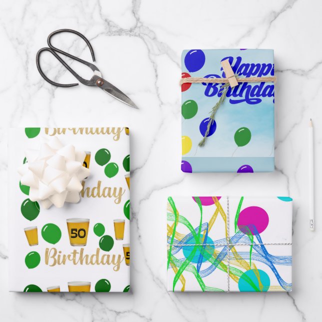 50 beer, happy birthday, circles squiggles wrapping paper sheet (Front)