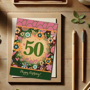 50 Birthday Floral Pink Green Inspirivity Card