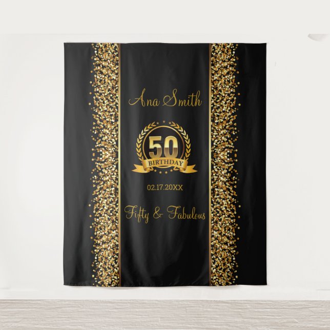 50 Birthday Gold & Black Birthday Party Tapestry (Front)