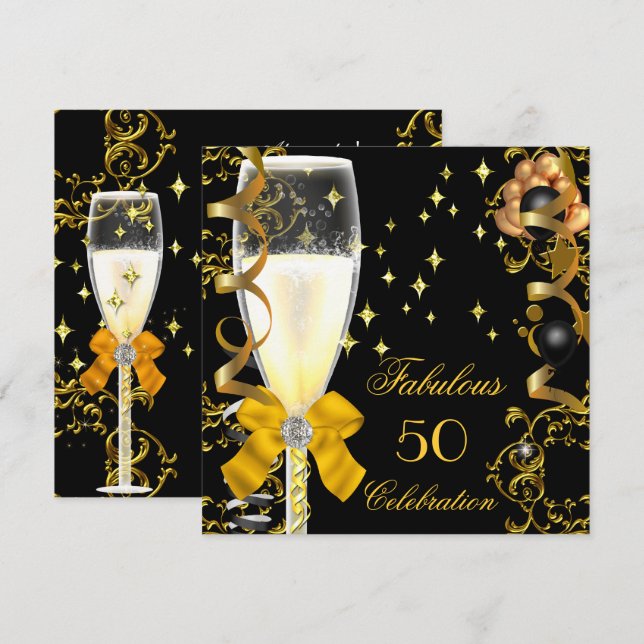 50 Birthday Party Fabulous Champagne Gold Black Invitation (Front/Back)