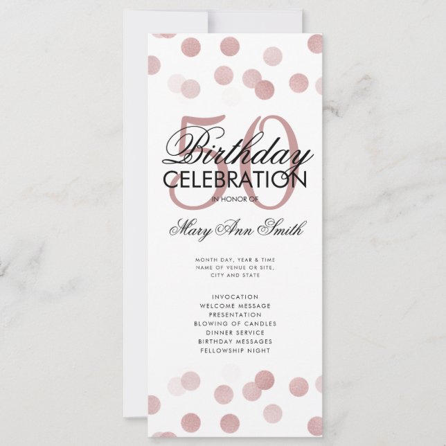 50 Birthday Program Rose Gold Confetti Menu  Invitation (Front)