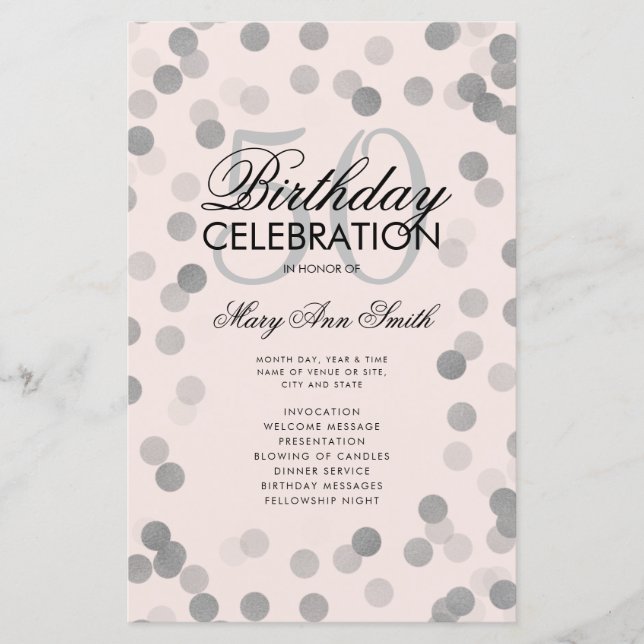 50 Birthday Program Silver Confetti Menu Blush  (Front)