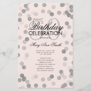 50 Birthday Program Silver Confetti Menu Blush 