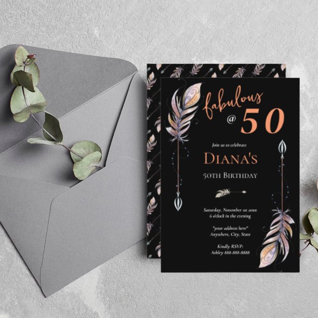 50 & Fab 50th Birthday Black Orange Boho Feathers Invitation (Creator Uploaded)