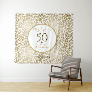 50 & Fab 50th Birthday Party Gold Floral Swirls Tapestry