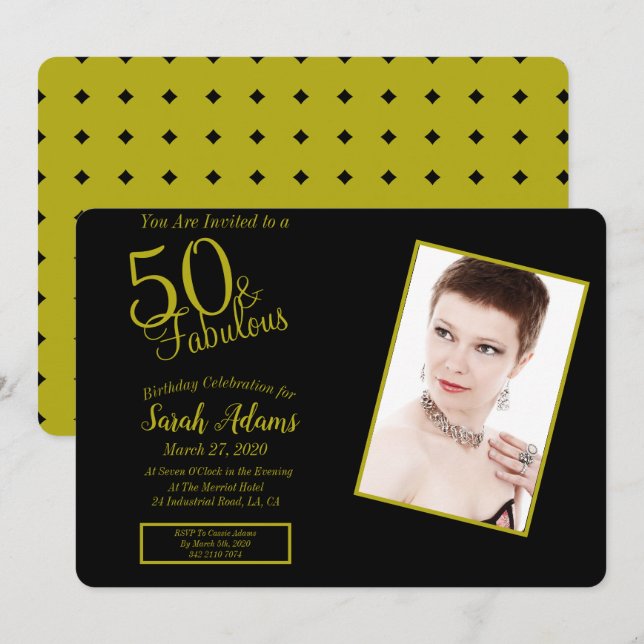 50 & Fab Gold & Black 50th Birthday Party Photo Invitation (Front/Back)