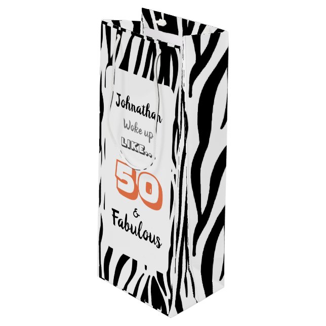 50 & Fabulous 50th Birthday Black Tiger Print Wine Gift Bag (Front Angled)