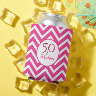 50 & Fabulous 50th Birthday Cerise Pink Chevron Can Cooler
