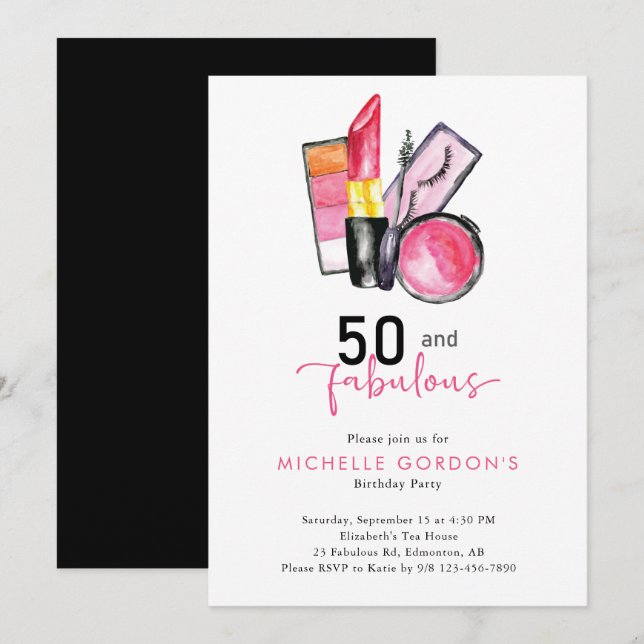 50 & Fabulous 50th Birthday Cosmetics Pink Beauty Invitation (Front/Back)