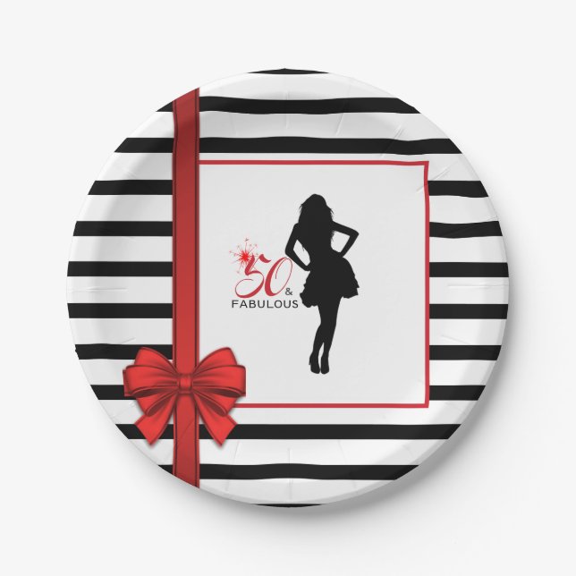 50 & FABULOUS 50th Birthday Paper Plate w/Ribbon (Front)