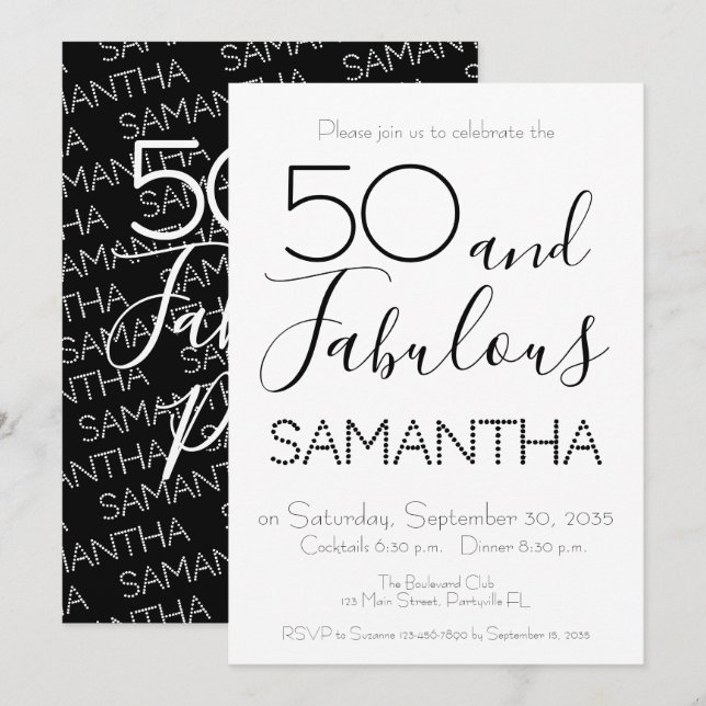 50 & Fabulous 50th Birthday Party Black Elegant Invitation (Front/Back)