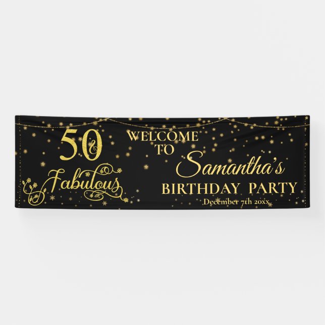 50 Fabulous 50th Birthday Party Glitter Black Banner (Horizontal)