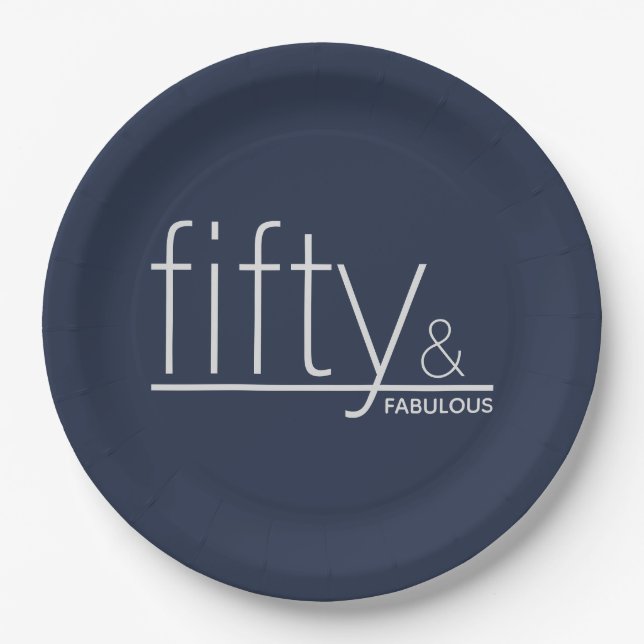 50 & FABULOUS 50th Birthday Party Modern Navy Blue Paper Plate (Front)