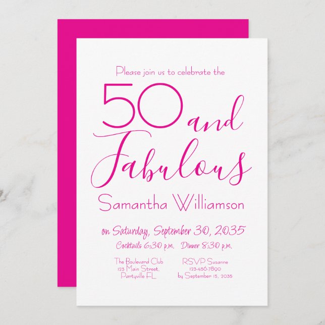 50 & Fabulous 50th Birthday Party Pink Elegant Invitation (Front/Back)